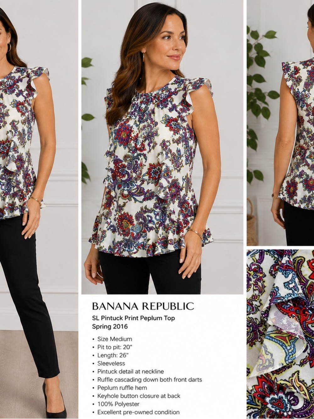 BANANA REPUBLIC Paisley Peplum Ruffle Blouse Sleeveless Top Medium